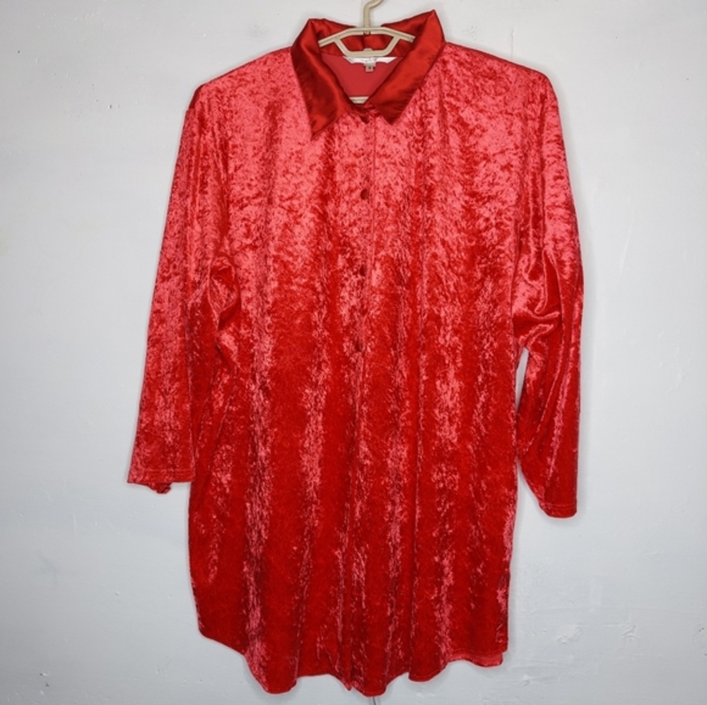 Cacique Intimate Red Velvet‎ Button Top 18/20 Satin Collar Romantic Valentines